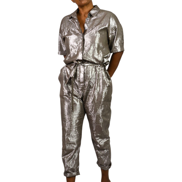 Xirena Theo Metallic Jumpsuit Brown Metallic Shimmer Cotton Lurex Belted Small - Picture 12 of 16